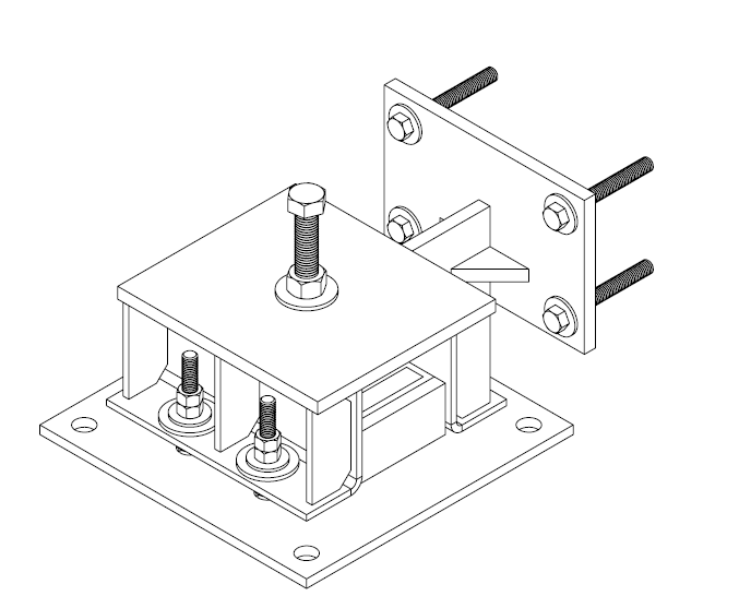 Isometric drawing of the patented off-set seismic mount vibration isolator showing base plate, guide plates, guide bolts, pre-load bolt and the laterally off-set support plate
