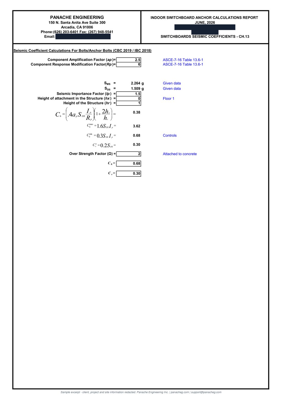 Sample seismic coefficient calculation page showing ASCE 7 Chapter 13 component seismic design force parameters