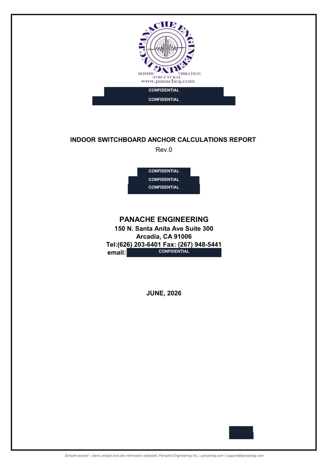 Cover sheet of a sample PE stamped seismic anchor calculation report with client and project information redacted