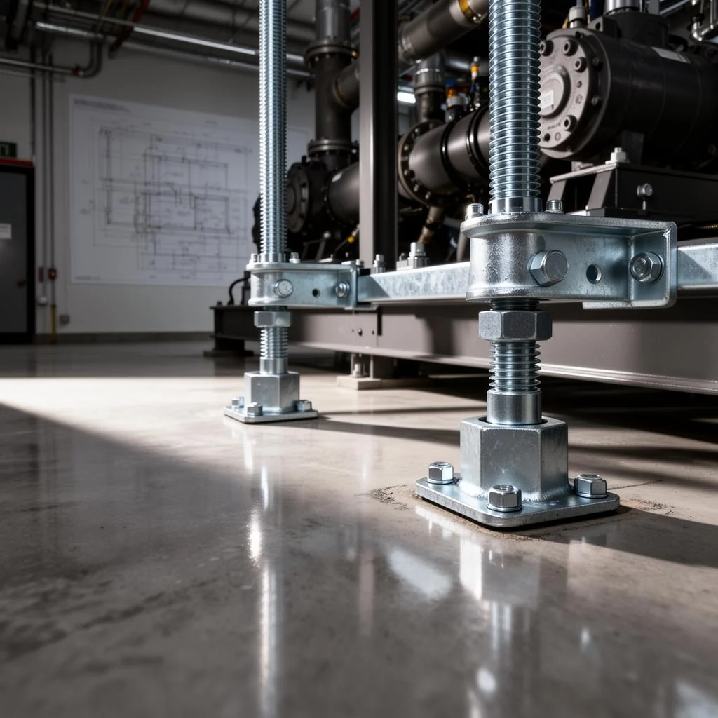 Close-up of engineered seismic anchor bolts and galvanized steel attachment brackets securing mechanical equipment to a concrete floor per ASCE 7 and IBC requirements