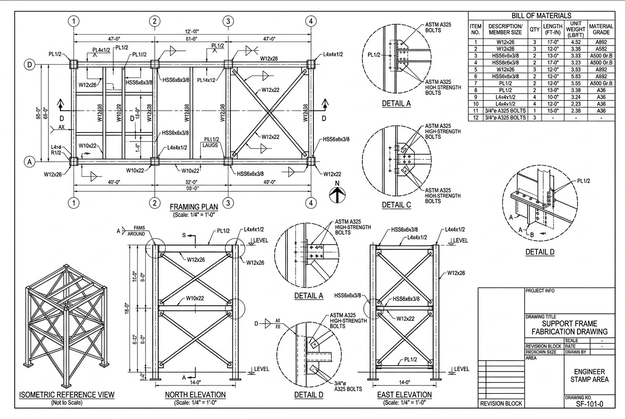 AutoCAD 2D fabrication shop drawing sheet with plan, elevation, isometric, dimensions, weld symbols, bolt callouts, and bill of materials
