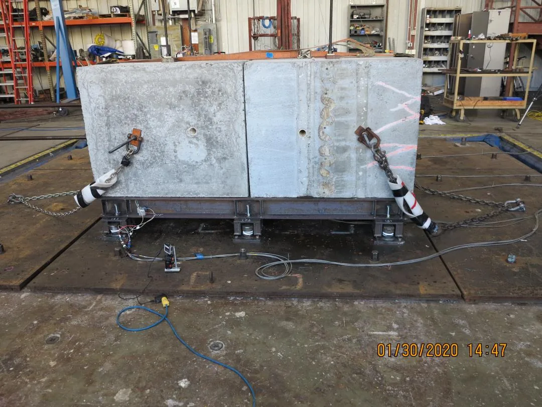 Six SSI isolators supporting an 18,000 lb simulated load on the shake table at UC Berkeley during AC156 bi-directional seismic testing