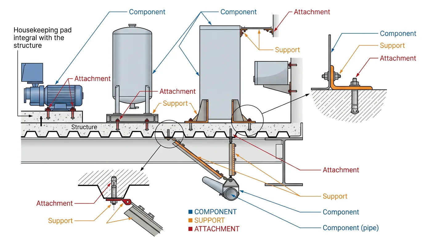 Engineering diagram showing the difference between Component, Support, and Attachment in seismic anchor calculations — mechanical equipment on a housekeeping pad, equipment on steel skids and frames, suspended piping with sway bracing, and anchor bolts to concrete and metal deck per ASCE 7 Chapter 13 and IBC