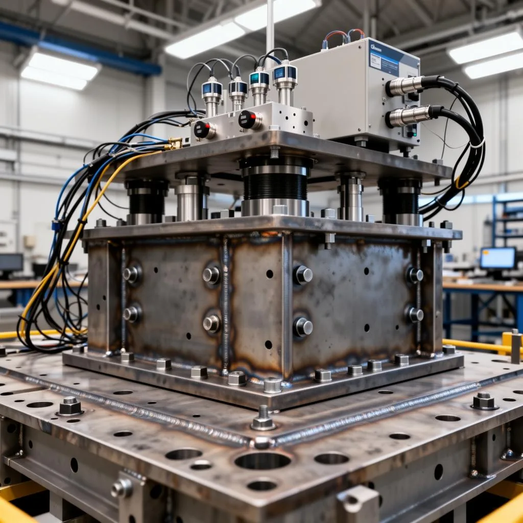 Custom welded steel test fixture with instrumentation cabling on a seismic shake table