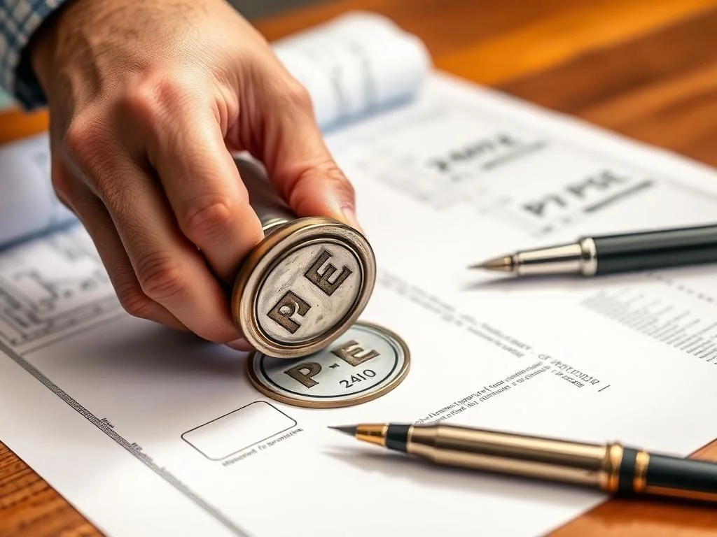 Engineer applying an embossed Professional Engineer seal to a Certificate of Compliance
