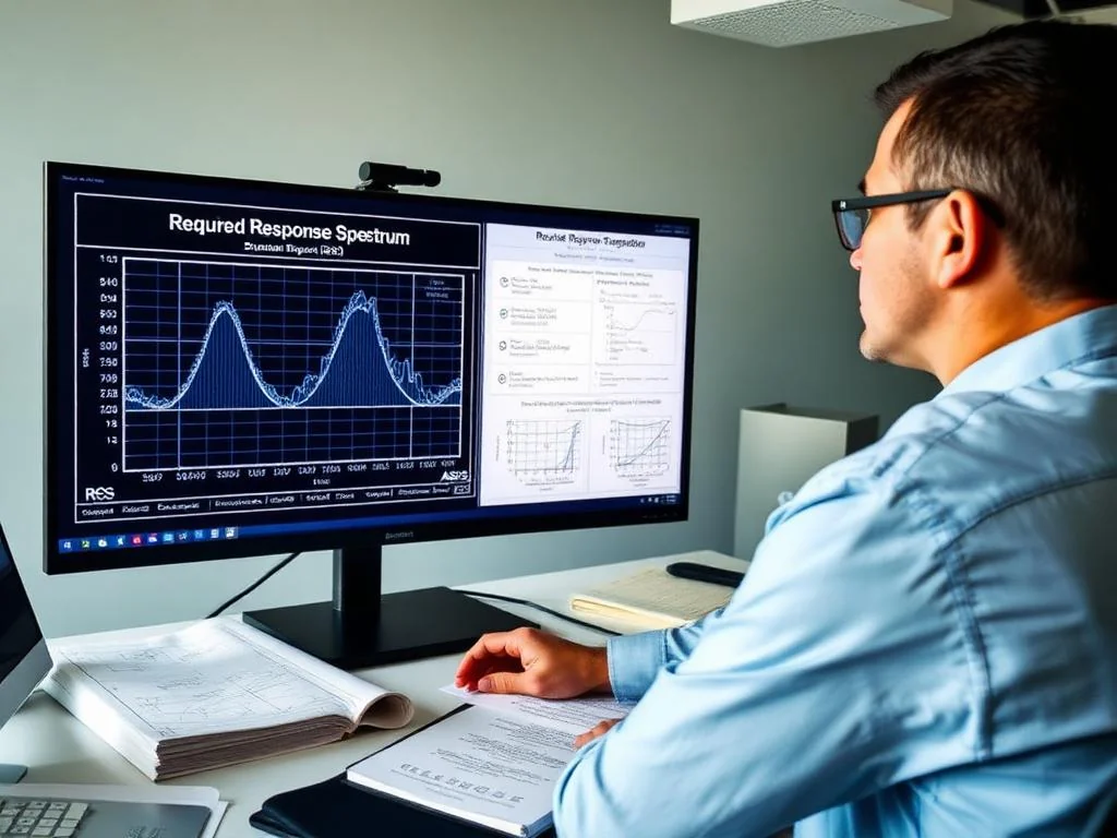 Structural engineer reviewing an ICC-ES AC156 Required Response Spectrum on a monitor