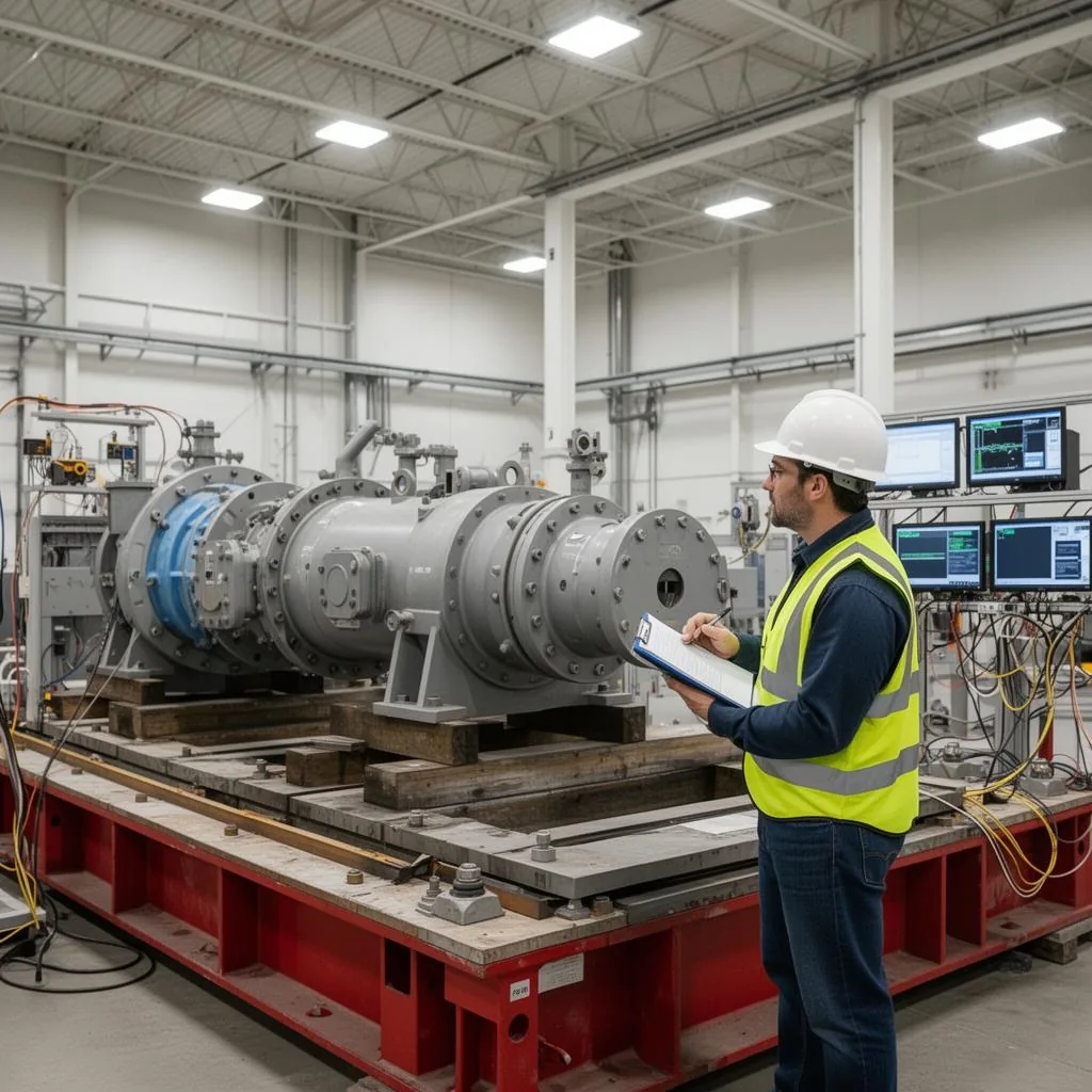Engineer in PPE witnessing a generator seismic qualification test inside an independent test laboratory