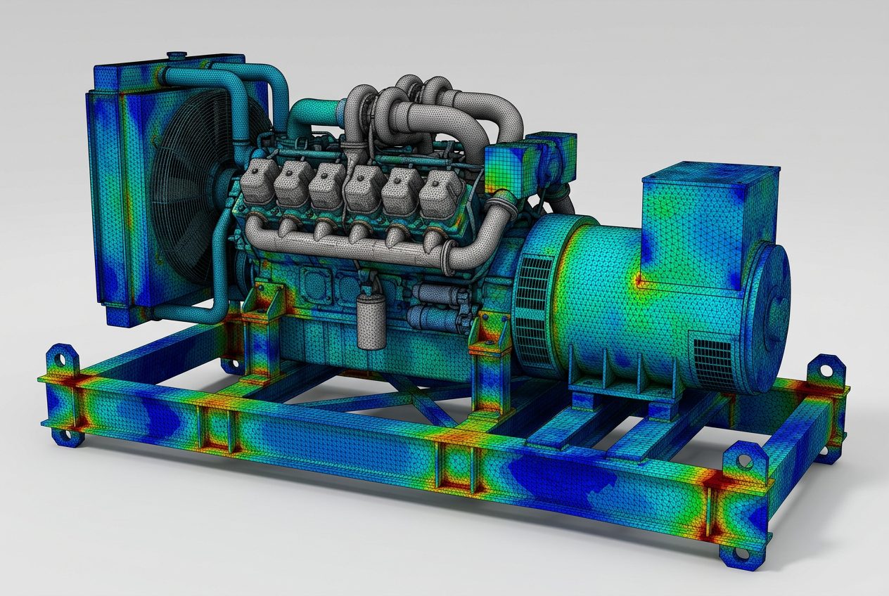 Illustration of a generator set finite element stress contour; illustrative visualization, not project analysis results