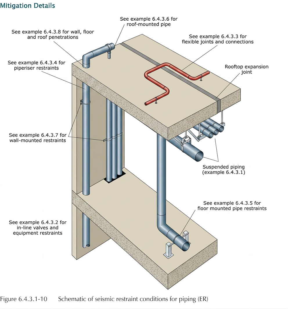 FEMA E-74 Figure 6.4.3.1-10 schematic of seismic restraint conditions for piping in a multi-story building, showing suspended piping under a roof slab, a pipe riser running through floors, wall-mounted restraints, floor-mounted restraints, in-line valves and equipment restraints, a rooftop expansion joint, roof-mounted pipe, and flexible joints at floor and roof penetrations