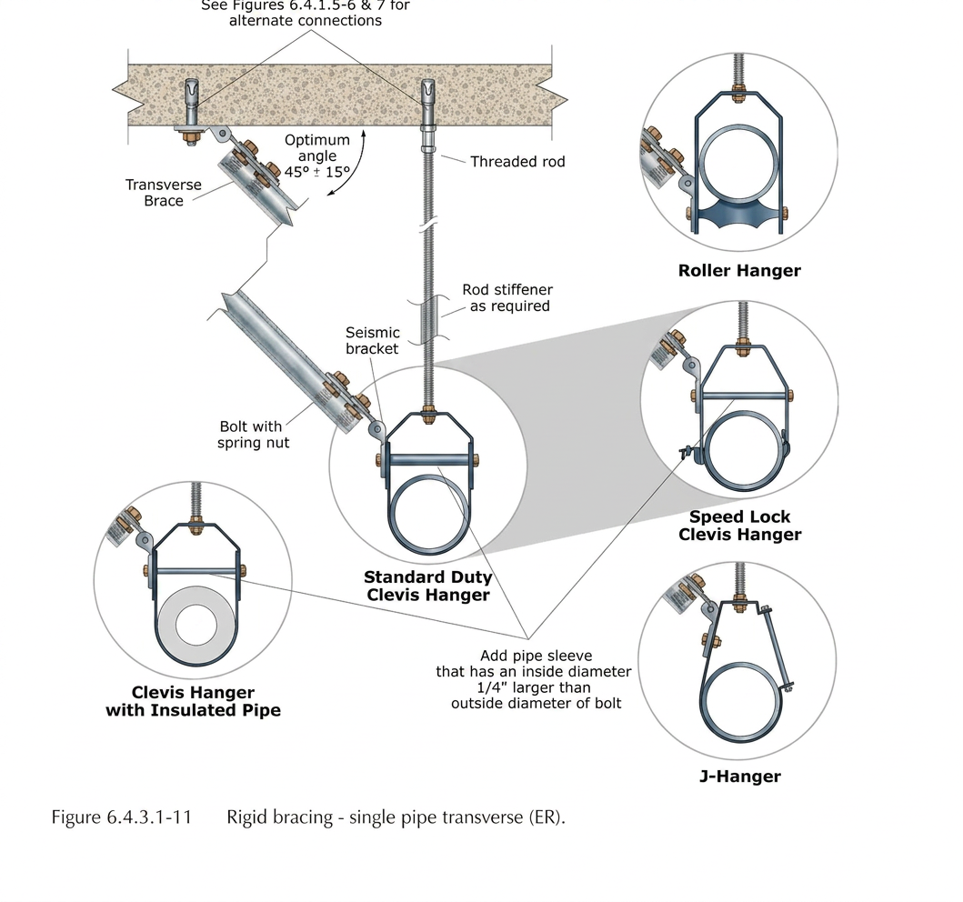FEMA E-74 Figure 6.4.3.1-11 detail of rigid transverse sway bracing on a single suspended pipe, showing a threaded-rod hanger with rod stiffener, a standard duty clevis hanger, a transverse brace at 45° plus or minus 15° from vertical anchored to the concrete deck with a seismic bracket and bolt with spring nut, and inset views of roller hanger, speed-lock clevis hanger, J-hanger, and clevis hanger with insulated pipe