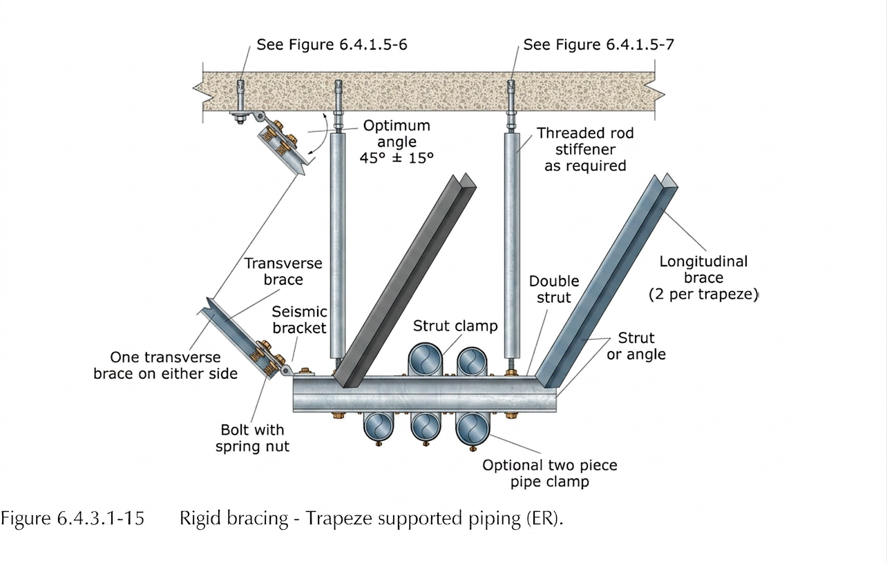 FEMA E-74 Figure 6.4.3.1-15 detail of rigid bracing on a trapeze-supported piping group, showing two threaded-rod hangers with rod stiffeners, double struts, transverse brace on either side, two longitudinal braces per trapeze, strut clamps, optional two-piece pipe clamp, seismic bracket, and bolt with spring nut, all at 45° plus or minus 15° from vertical