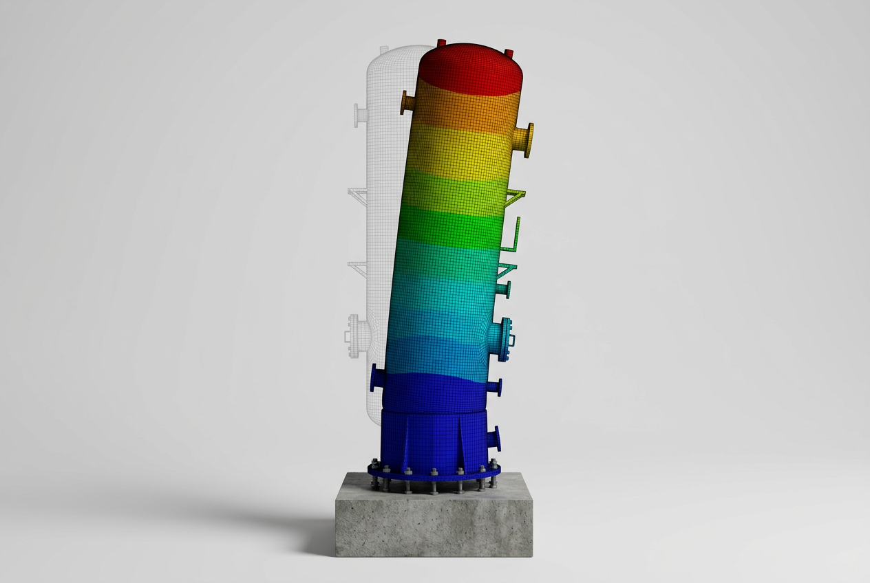 Modal analysis FEA result of a tall vertical pressure vessel on skirt support showing the first lateral bending mode shape with deformation contour