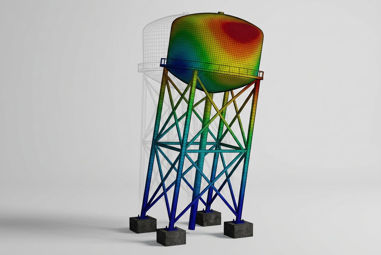 Illustration of an elevated water storage tank on a braced steel tower under lateral seismic demand; illustrative visualization, not project analysis results