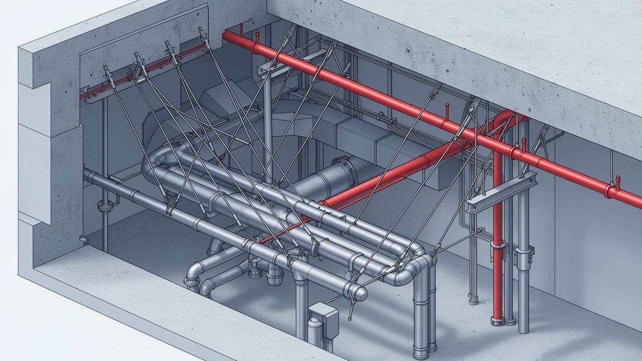 Isometric cutaway showing seismic sway bracing on piping, ductwork, and a red sprinkler main suspended from a concrete deck in a mechanical room