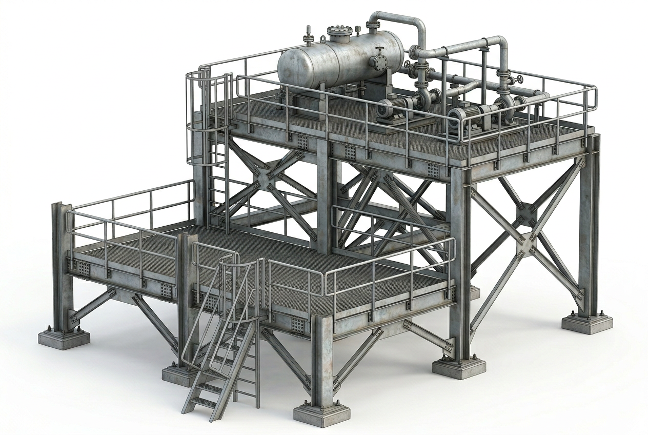 SolidWorks 3D isometric render of a welded structural steel equipment support frame with W-shape columns, HSS bracing, gusset plates, and base plates