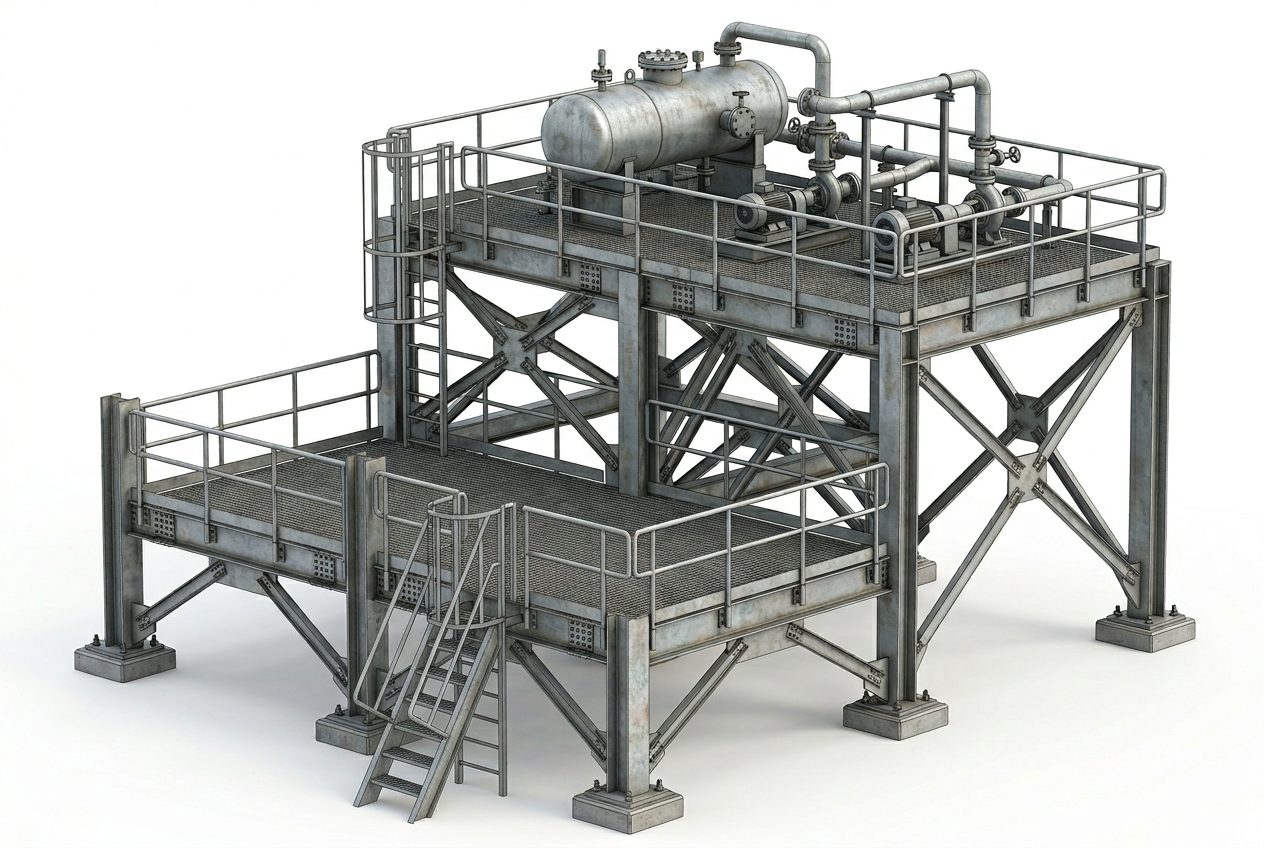Illustration of a SolidWorks 3D isometric welded steel equipment support frame; illustrative visualization, not a project deliverable