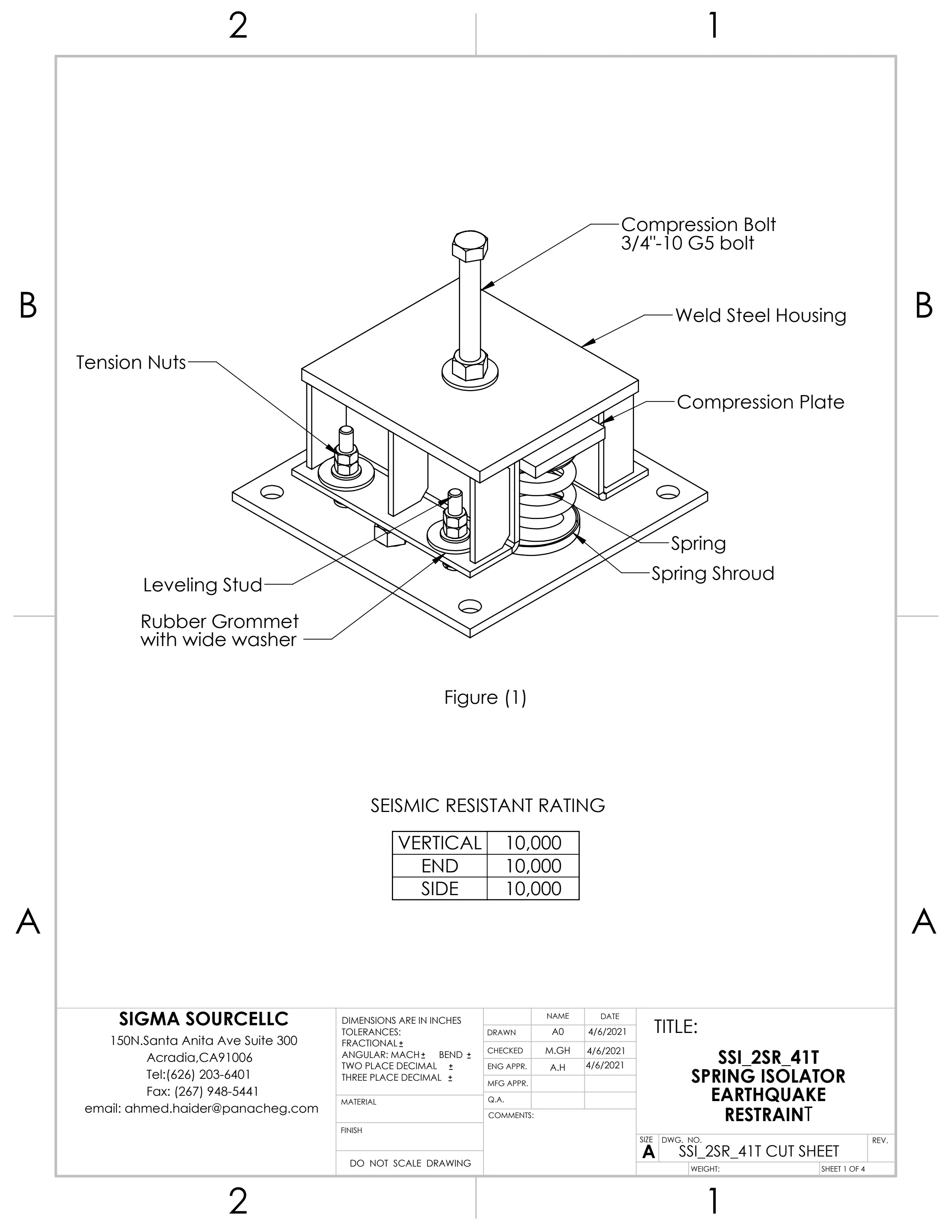 SSI-2SR-41T spring isolator earthquake restraint cut sheet diagram showing internal components