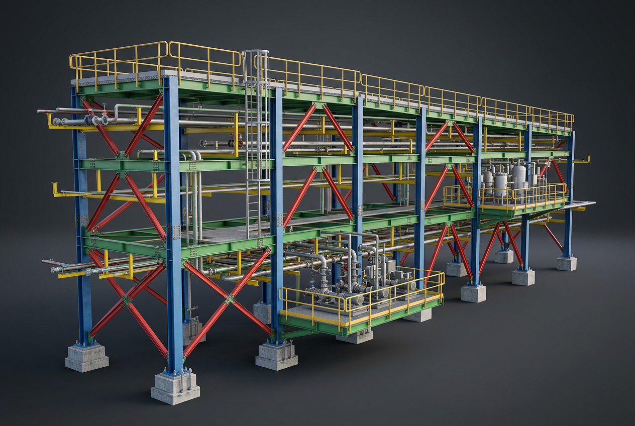 Tekla Structures BIM model of an industrial steel pipe rack colored by part class with columns, beams, and bracing