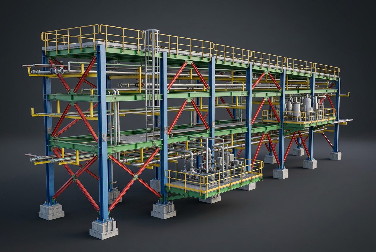 Illustration of a Tekla Structures BIM model of an industrial steel pipe rack; illustrative visualization, not a project deliverable